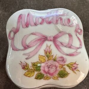 Enesco "Mother" porcelain trinket box, Ribbons & rose oval lidded jewelry dish